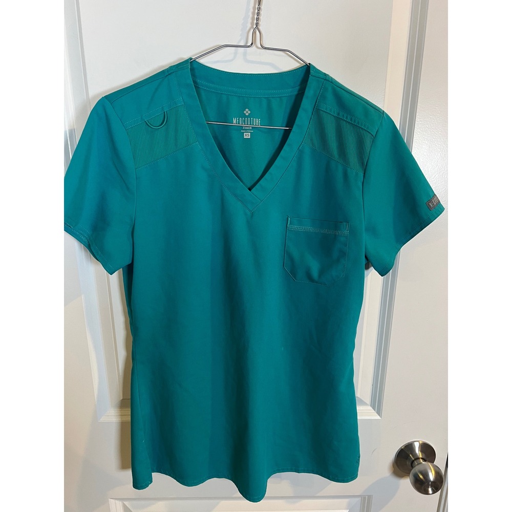 Med Couture Womens Scrub Top Ribbed Shoulder Panels Teal XS
